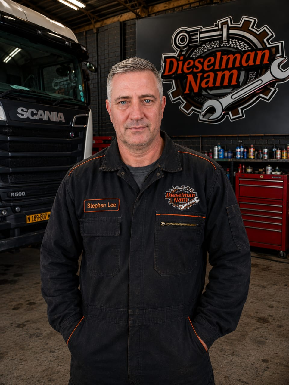 Stephen Lee of Dieselman Nam, owner, in branded coverall with name tag inside the workshop.