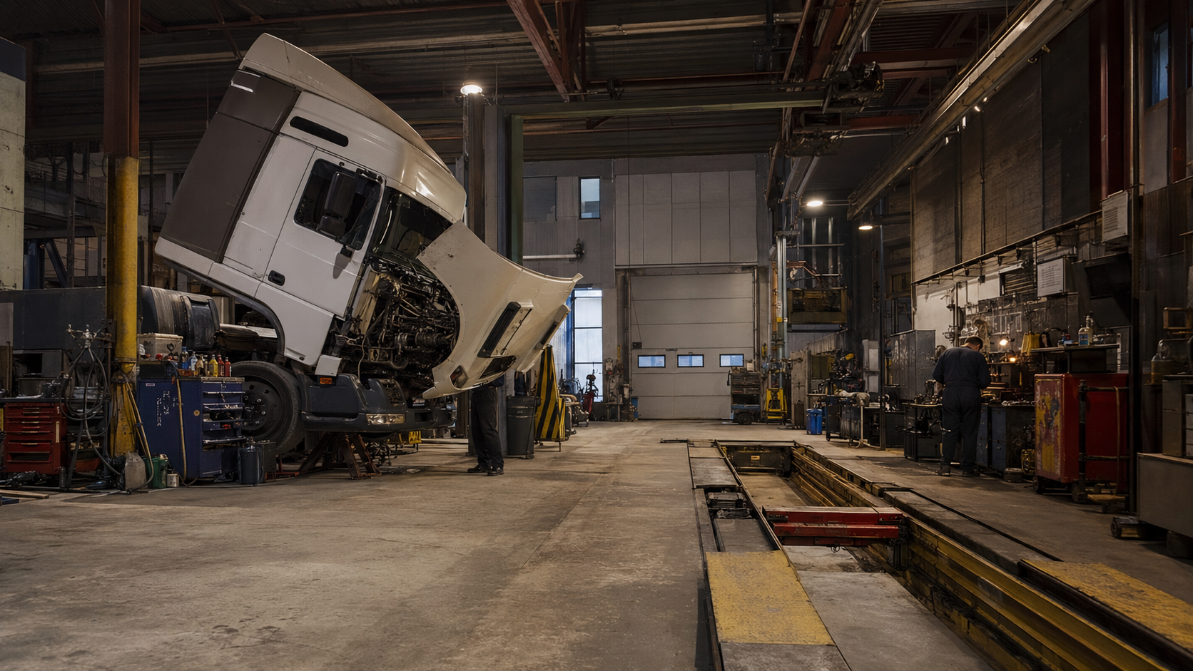 Generated supporting visual. Heavy-truck workshop interior. Not the Dieselman workshop.