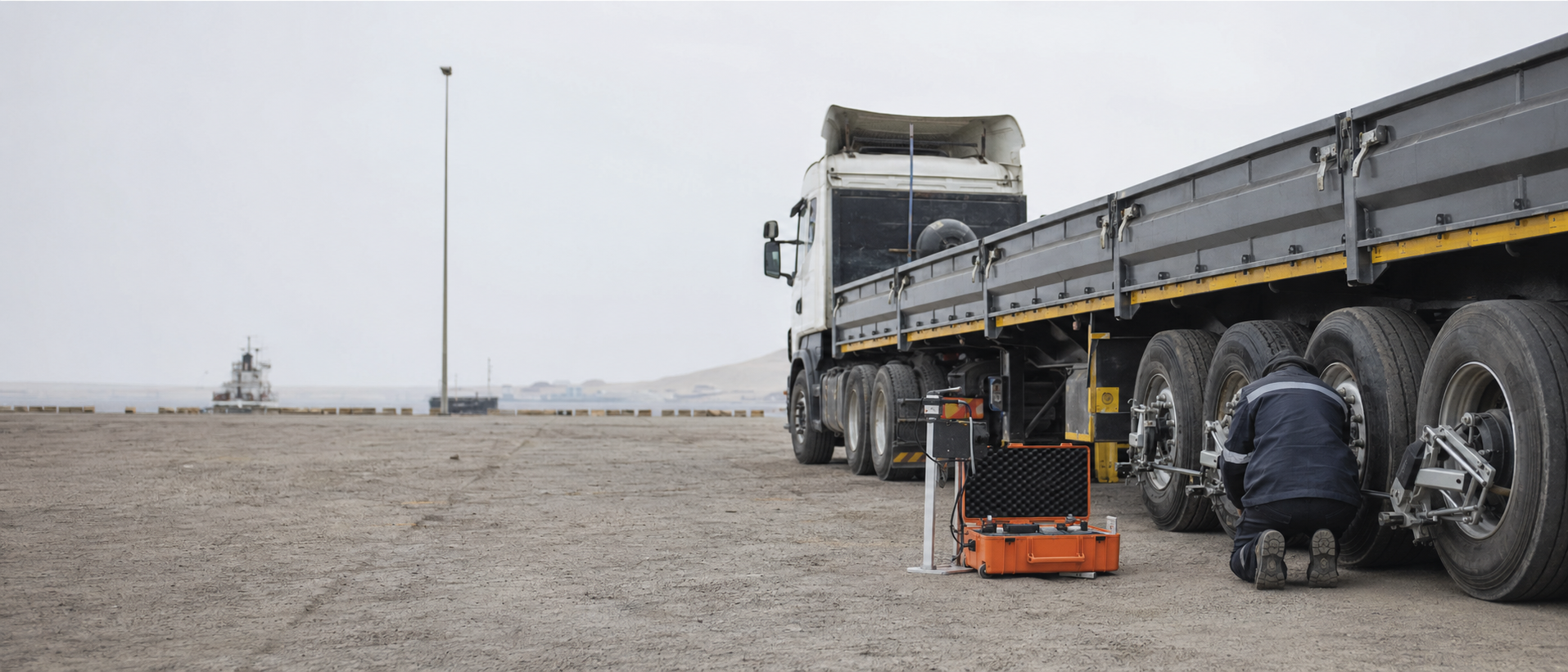 Generated supporting visual. Mobile wheel-alignment service in a coastal freight yard. Not an actual Dieselman site.