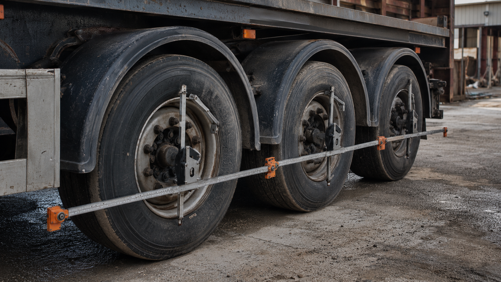 Generated supporting visual. Trailer axle and alignment detail. Not an actual Dieselman trailer.