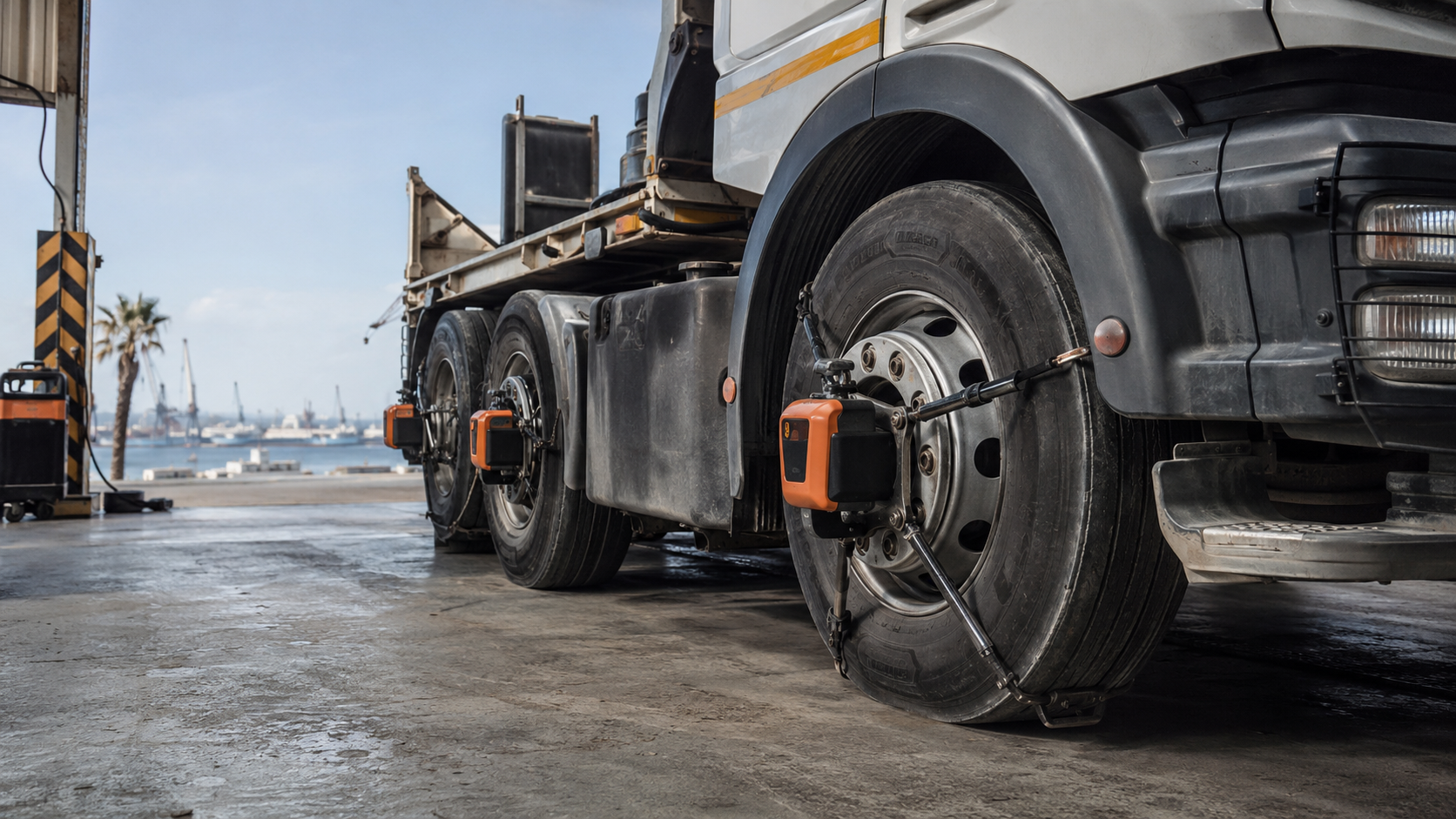 Generated supporting visual. Wheel-alignment sensors fitted to a heavy-duty front axle. Not a Dieselman vehicle or workshop.